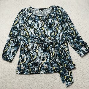 Notations Women's Medium Long Sleeve Blouse Blue Teal White Pullover Wrap Top